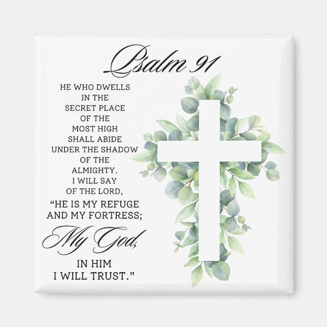 Imã Psalm 91:1-2 Religious Cross Greenery Bible Verse (Frente)