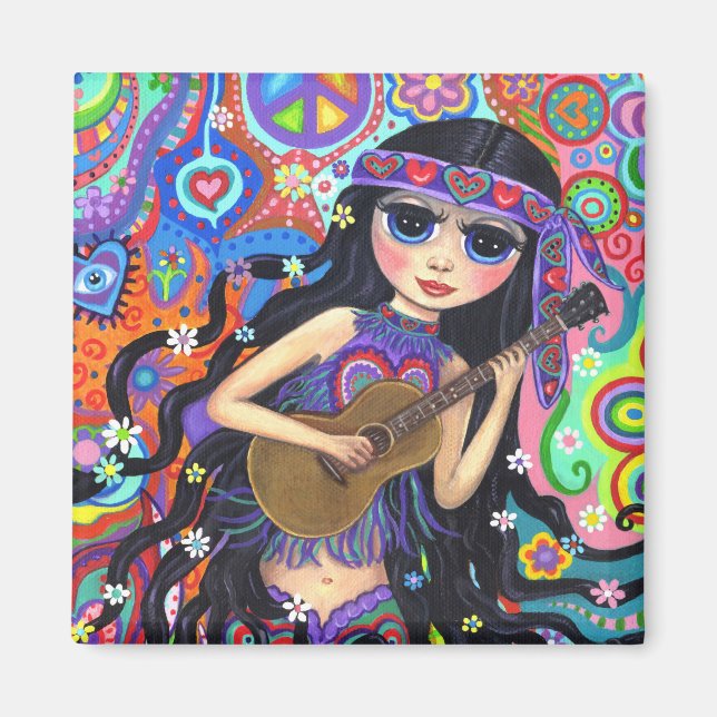 Imã Psicodélica Hippie Mermaid Girl com guitarra Peace (Frente)