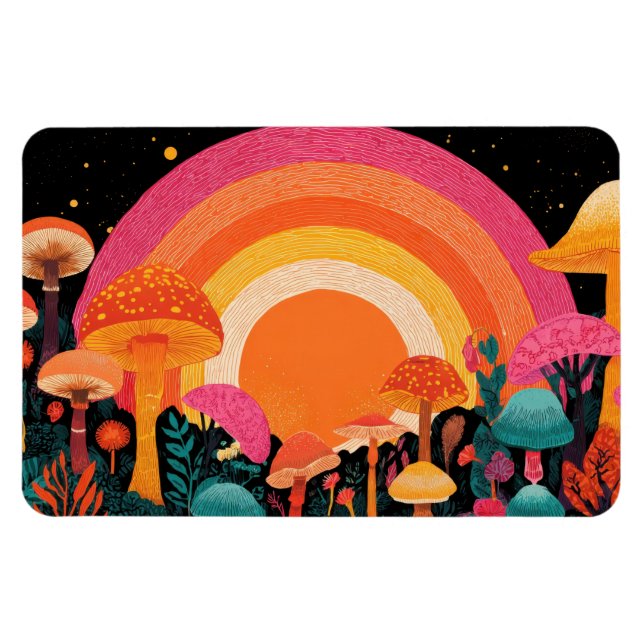 Ímã Psychedelic Mushroom Sunset – Retro Fantasy Nature (Horizontal)
