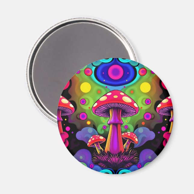 Imã Psychedelic Vibrant Colorful Retro Mushrooms (Front/Back)