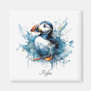 Imã Puffin branco em cor azul-d'água, personalizável