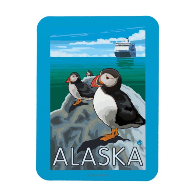 Ímã Puffins observando navio cruzeiro (Vertical)