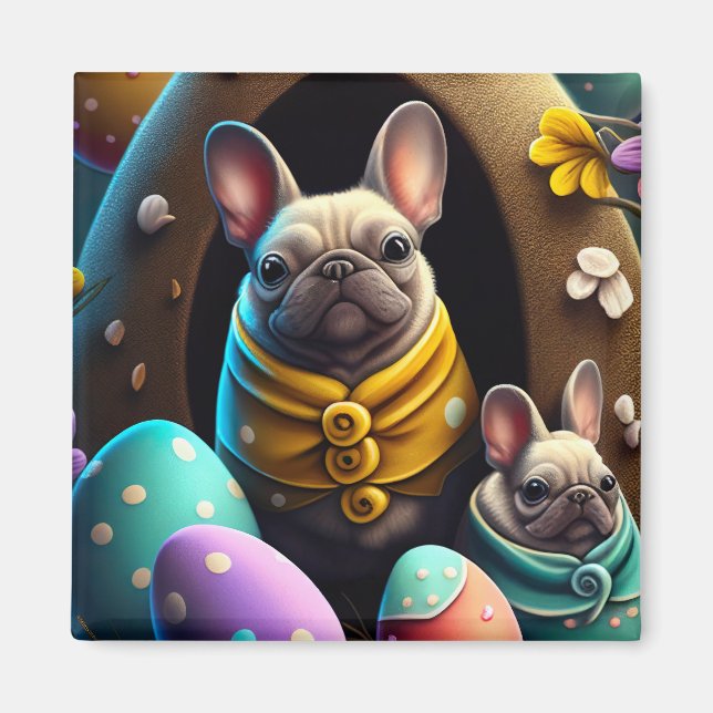 Imã Pug Adorável com Ovos de Páscoa Um Festejo Fofo (Frente)
