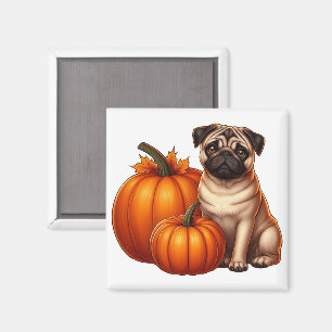 Imã Pug Adorável Sentado ao Lado de Pumpkins e Folhas