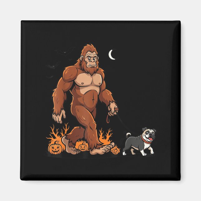 Imã Pug andando Bigfoot Halloween Cachorro Sasquatch E (Frente)