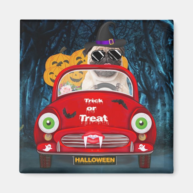 Imã Pug Cão Dirigindo Carro Assustador Halloween (Frente)