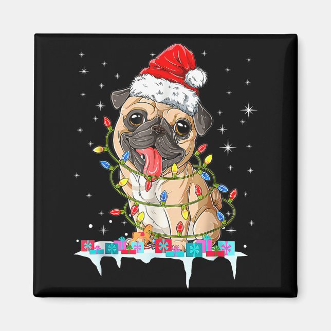 Imã Pug Christmas Tree Lights Santa Dog Xmas  (Frente)
