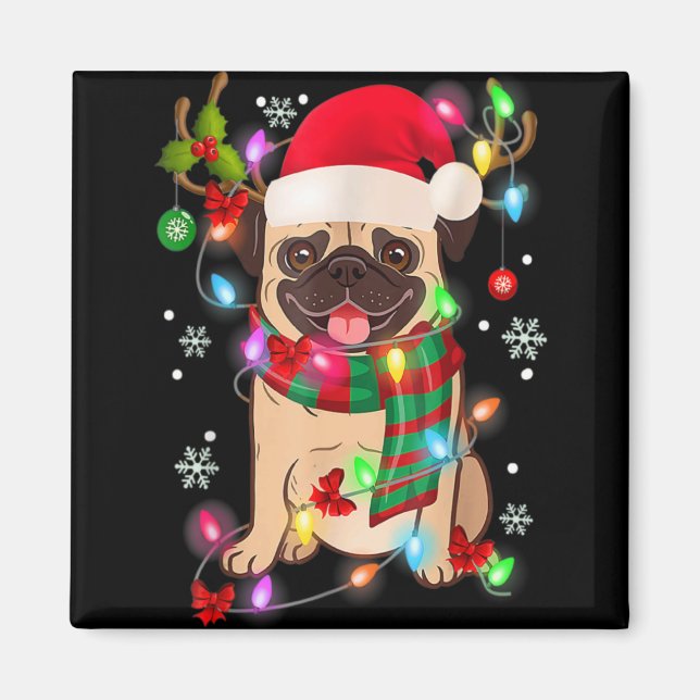Imã Pug Christmas Tree Lights Santa Dog Xmas Boys Pugm (Frente)