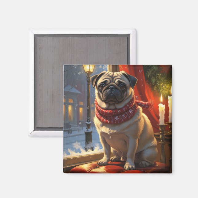 Imã Pug com Férias das Luzes de Natal (Front/Back)