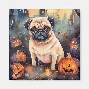 Imã Pug De Halloween Com Pumpkins Assustado