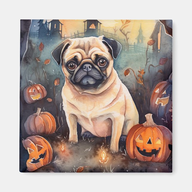 Imã Pug De Halloween Com Pumpkins Assustado (Frente)