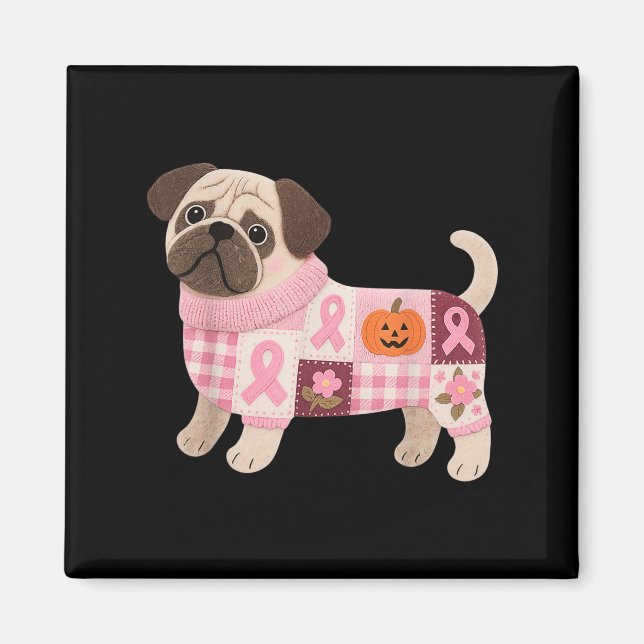 Imã Pug Dog Pink Ribbon Breast Cancer Pug Patterno Fel (Frente)