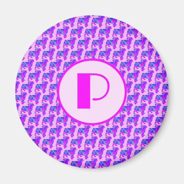 Imã Pug Dog Silhouette Pink & Blue Silhouket Monograma (Frente)