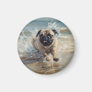 Imã Pug Feliz na Praia personalizável