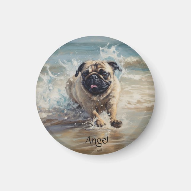 Imã Pug Feliz na Praia personalizável (Frente)