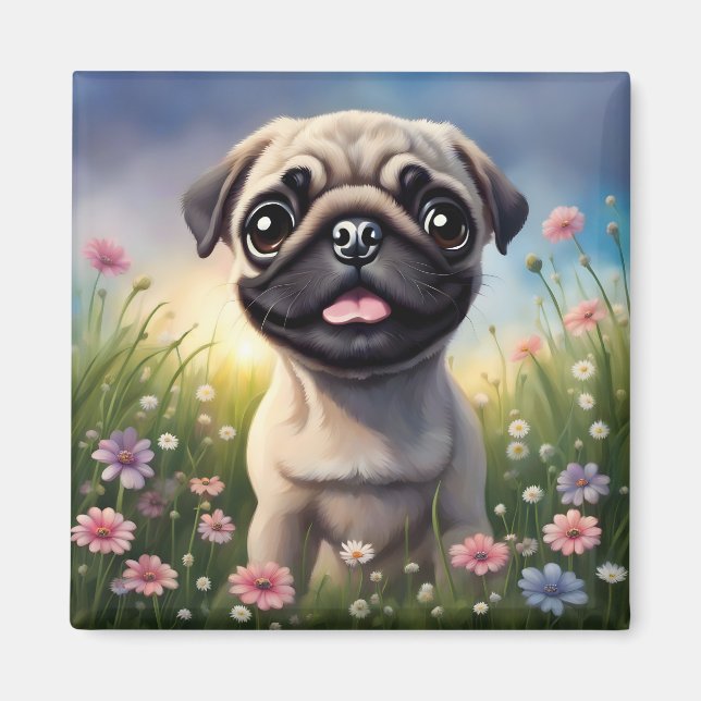 Imã Pug Flowers (Frente)