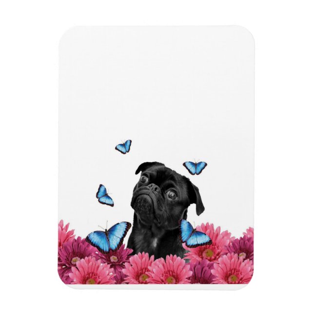 Ímã Pug Gerbera Butterflies | Cachorro Negro (Vertical)