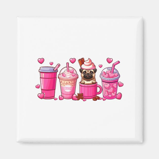 Imã Pug Inside Cup Coffees Lover Valentines Day Heart  (Frente)