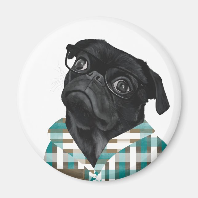 Imã Pug Preto Adorável com Óculos e Camisa (Frente)