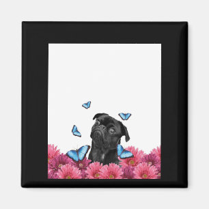Imã Pug Preto Com Borboletas Azuis E Gerberas
