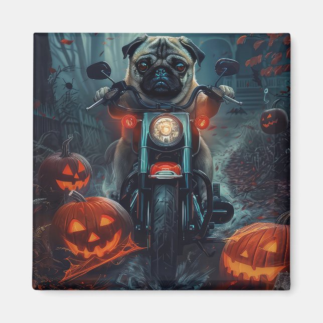 Imã Pug Riding Motorcycle Halloween Scary (Frente)
