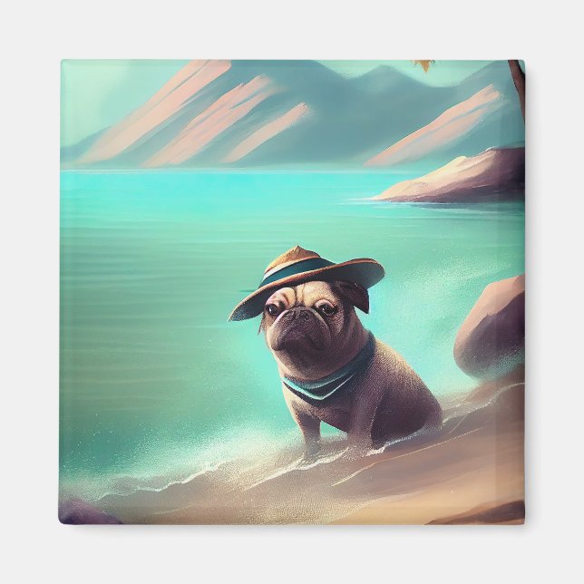 Imã Pug se divertindo na pintura de praia (Frente)