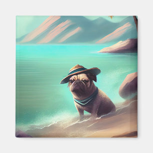 Imã Pug se divertindo na praia pintando arte