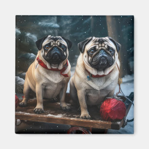 Imã Pug Snowy Sleigh Decoração de Natal
