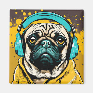 Imã Pug vestindo fones de ouvido