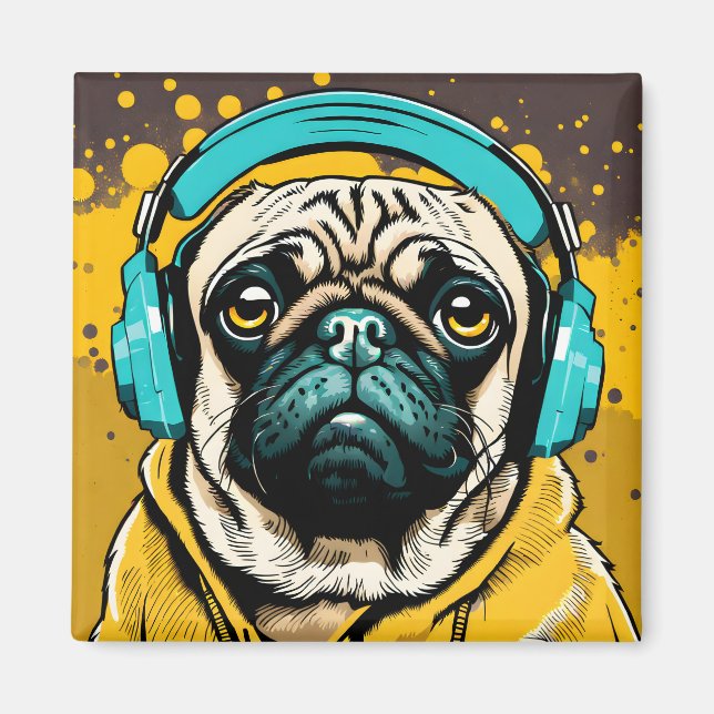 Imã Pug vestindo fones de ouvido (Frente)