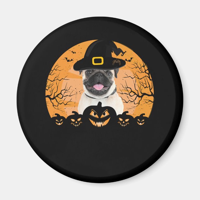 Imã Pug Witch Hat Jack-o-Lantern Cães Halloween T-Shir (Frente)