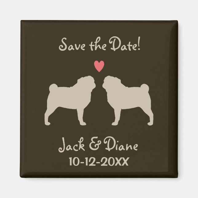 Imã Pugs Casamento Salve a Data - Bege no Marrom (Frente)