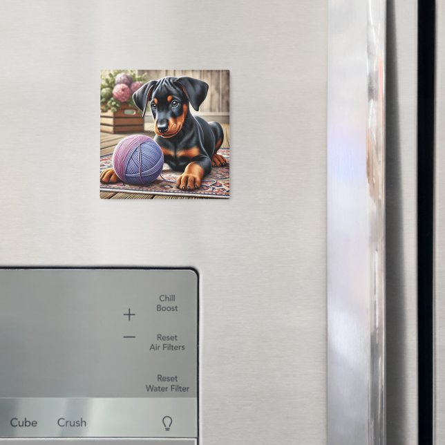 Imã Puppy Preto e Tan Adorável com Bola de Yarn (In Situ (Fridge))