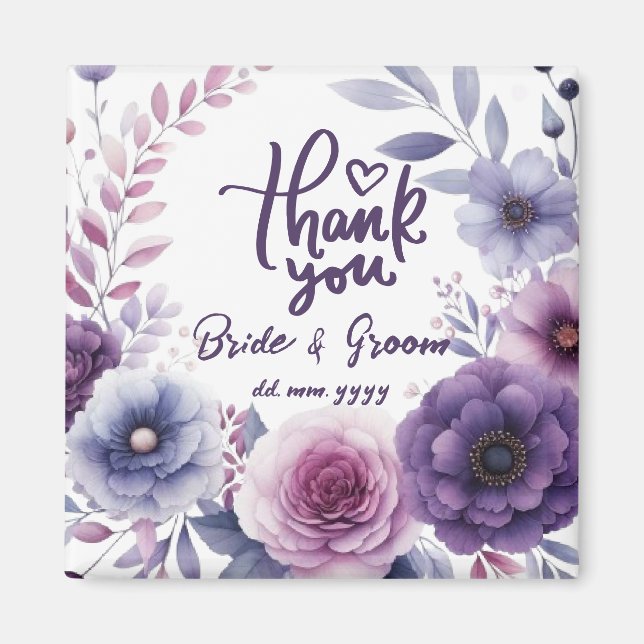 Imã Purple Floral Frame Thank You Wedding Favors (Frente)