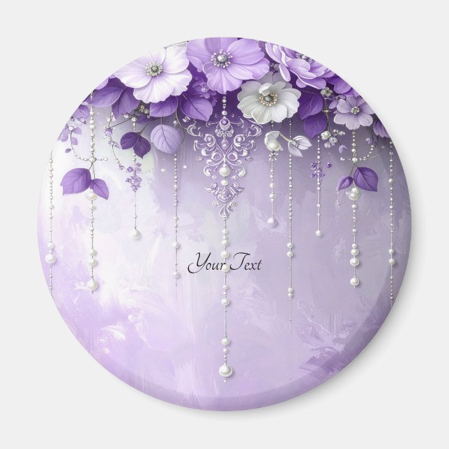 Imã Purple Flowers with Dangling Pearls Magnet (Frente)