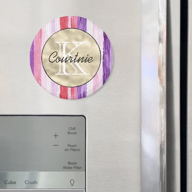 Imã Purple Pink Blush Red Stripes Gold Monogram      (In Situ (Fridge))