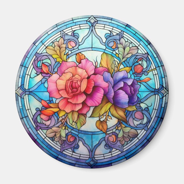Imã Purple & Pink Rose Floral Faux Stained-Glass (Frente)