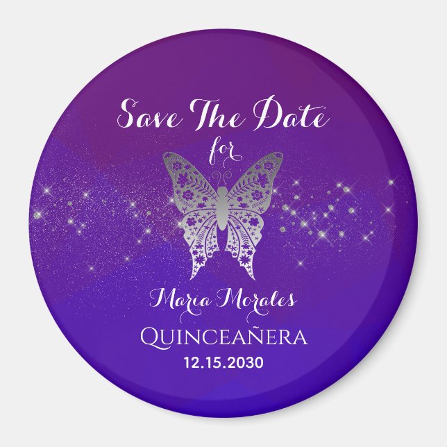 Imã Purple Quinceanera Salve A Data Convite (Frente)