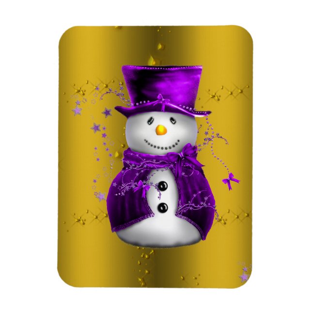 Ímã Púrpura Snowman no Dourado Natal (Vertical)