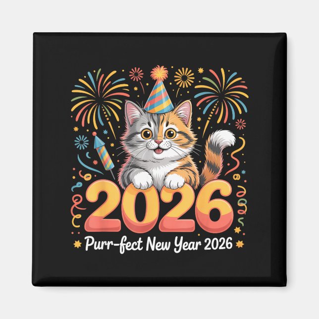 Imã Purrfect New Year 2026 Cute Cat Fireworks Celebrat (Frente)