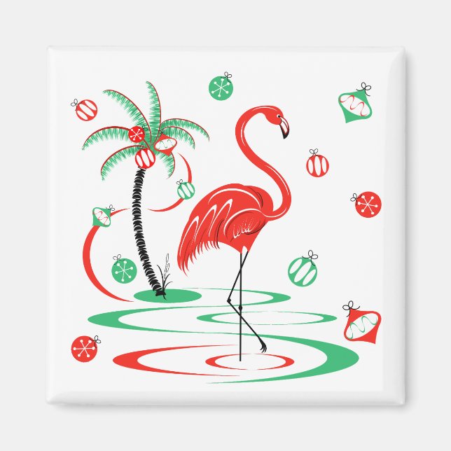 Imã Quadrado de ímã Flamingo Baubles de Natal vermelho (Frente)