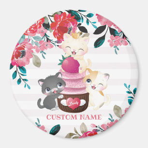 Imã Quadrinhos Quimsos De Cartoon Floral Gatos Cupcake