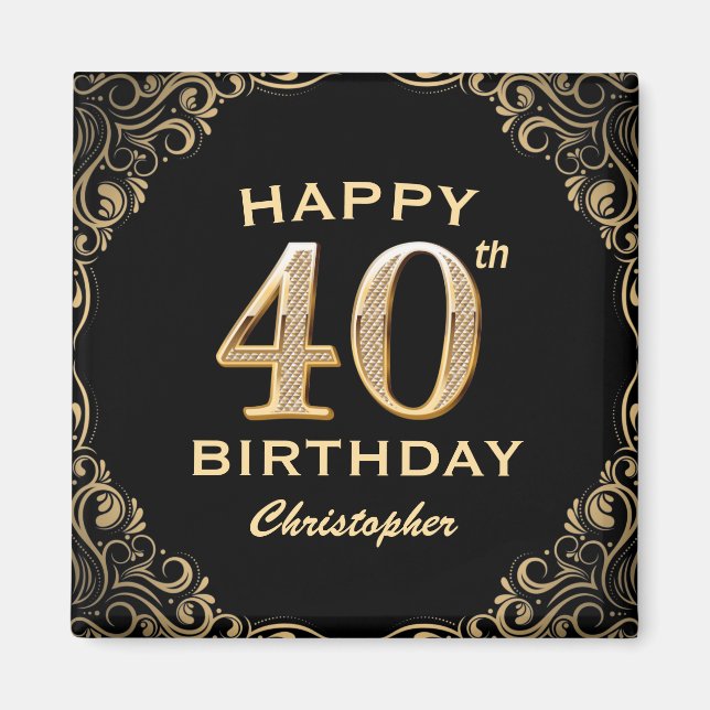 Imã Quadro de brilho preto e Dourado do aniversário de (Frente)