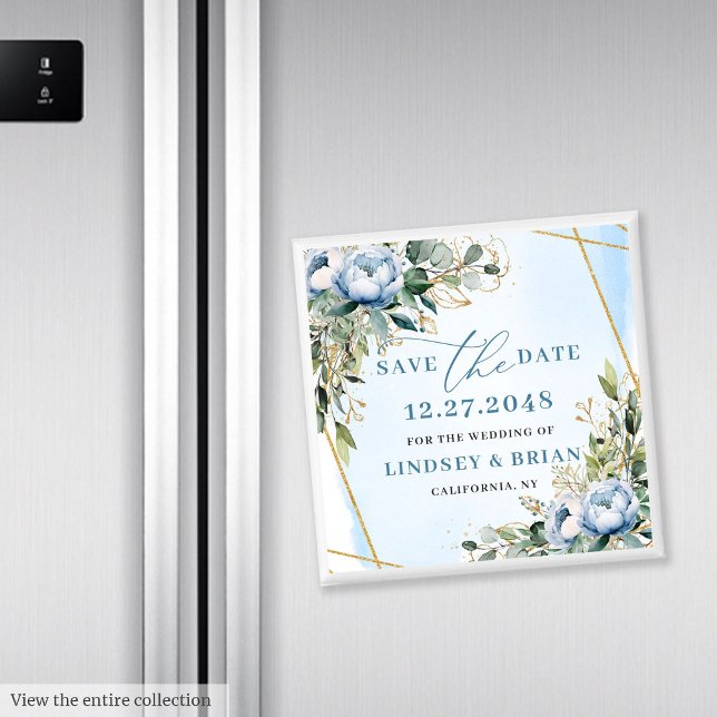 Imã Quadro Dourado Floral Azul Clássico Dusty Guarde a (Classic Dusty Blue Floral Gold Frame Save the Date)
