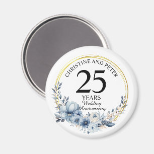 Imã Qualquer Aniversário Floral Azul Elegante de Casam