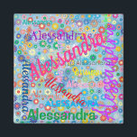 Imã Qualquer Colagem de Nome com o Magnet Flores<br><div class="desc">Este ímã apresenta uma design colorida de cinta com o nome de sua escolha,  que aparece em várias fontes e cores diferentes. Os nomes são exibidos sobre um fundo azul com flores coloridas. Este ímã personalizado bonito é útil e divertido.</div>