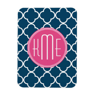 Ímã Quatrefoil Azul Elegante Marinho com Monograma Ros