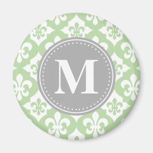 Imã Quatrefoil Fleur-De-Lis Mint Cinza Verde Monograma