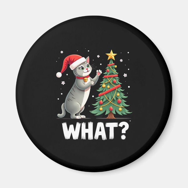 Imã Que Gato Engraçado Empurrando Árvore de Natal Sobr (Frente)