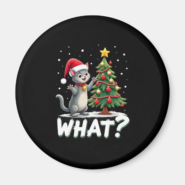 Imã Que Gato Engraçado Empurrando Árvore de Natal Sobr (Frente)